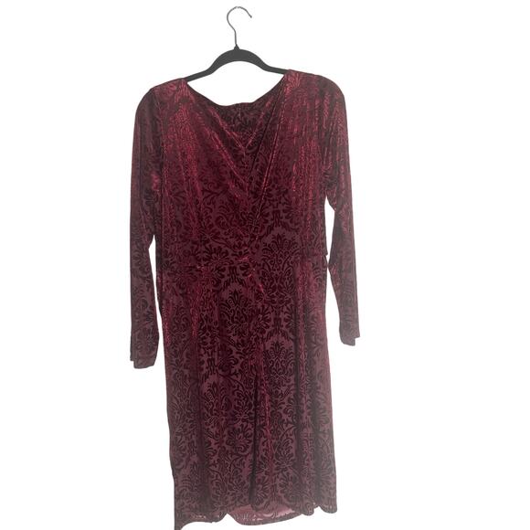 DB Studio Women's 18 Burgundy Velvet Ruched Midi Dress Long Sleeve Elegant - Picture 7 of 14